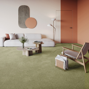 Tapis Re-life vert kaki en polyester recyclé, format sur mesure pour salon