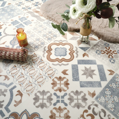Ambiance bohème avec le tapis sur mesure Carreaux de ciment - Naturel en décor