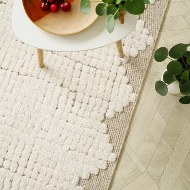 Tapis de salon en matière recyclée Ode à la vie beige et crème - vue du dessus