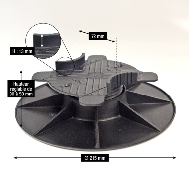 Plot terrasse - Lambourde larg. max. 72 mm - Hauteur réglable de 3 à 5 cm - Schéma du plot
