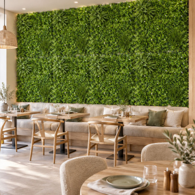 Mur végétal artificiel - Manoir champêtre - Intérieur et extérieur habillant un grand mur dans une salle de restaurant