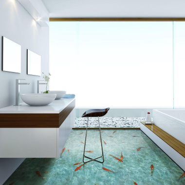 Tapis sur mesure Vinyle Textile - Relief 3D - Imprimé poisson Koï japonais - salle de bain