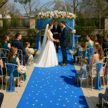 Moquette filmée Stand Event Bleu azur utilisée comme tapis de cérémonie