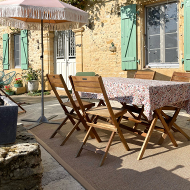 Tapis intérieur / extérieur en tissé plat Lombok naturel ganse caramel - terrasse