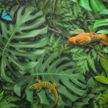 Sol Vinyle Textile Relief 3D imprimé Faune et flore tropicale, zoom sur oiseaux, lézards et papillons