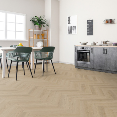 Parquet vinyle rigide Ultime - Pose clipsable bâton rompu - Chêne amande - cuisine