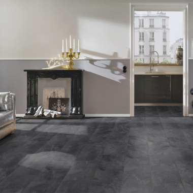 Dalle de sol stratifié compatible cuisine salle de bain - Pierre Gris Manganèse - Cuisine ouverte