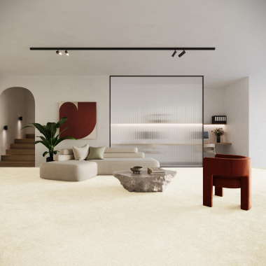 Tapis sur mesure Re-cycle vanille en polyester recyclé, idéal pour pièce de vie moderne