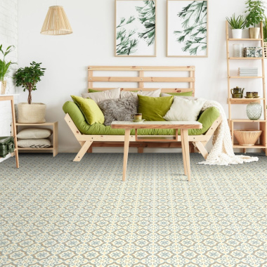 Ambiance végétale et déco avec le sol vinyle arabesques - Bleu et ocre