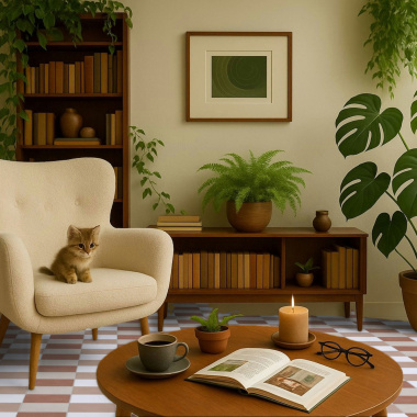 Ambiance cosy avec sol vinyle Mood vichy terracotta et fauteuil rétro, plantes et livres