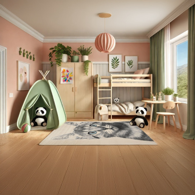 Tapis chambre d'enfant - Chat Senka - Gris et beige - chambre enfant