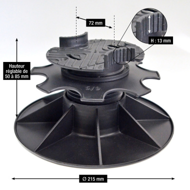 Plot terrasse - Lambourde larg. max. 72 mm - Hauteur réglable de 5 à 8,5 cm - Schéma du plot
