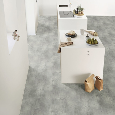 Sol Vinyle Textile Black Edition - Aspect béton griffé - Gris clair - Cuisine ouverte