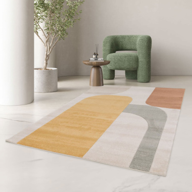 Tapis graphiquepour salon Luna Pop arches minimalistes palette jaune et terracotta