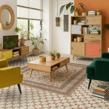 Ambiance chaleureuse avec sol vinyle Mood damier et déco Terracotta dans le salon