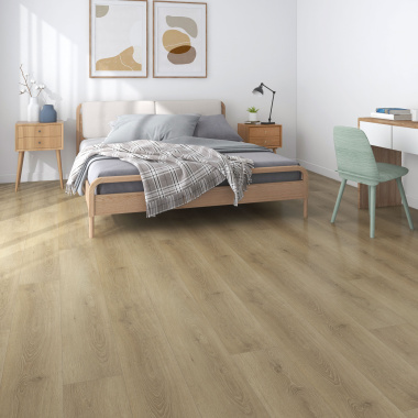 Sol PVC rigide clipsable effet bois dans une chambre cosy - Chêne clair