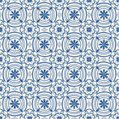 Motif style bohème chic du Sol Vinyle Textile Rénove - Effet carreaux de ciment Andalousie - Bleu, ambiance artisanale
