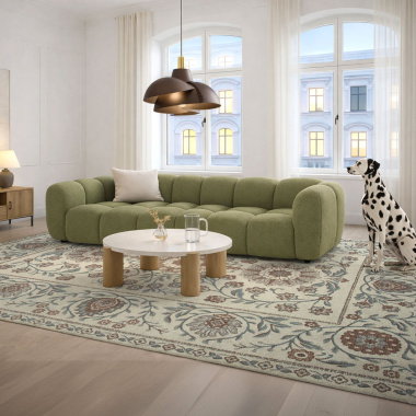 Tapis souple chenille recyclée Minia brume aux tons doux pour décoration salon élégante