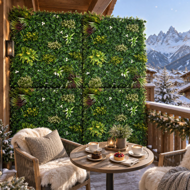 Mur végétal artificiel - Balade printanière - Intérieur et extérieur installé sur une terrasse de montagne pour créer un écran végétal décoratif