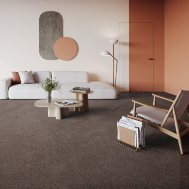Intérieur moderne avec tapis sur mesure marron brun Re-life en polyester recyclé