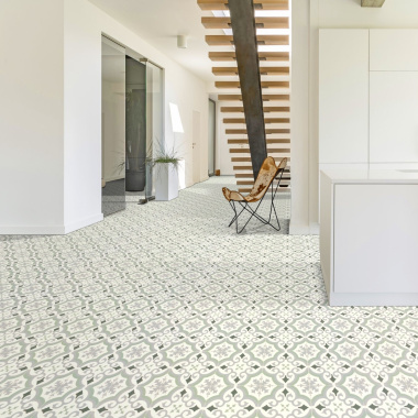 Sol vinyle textile économique effet carreaux de ciment arabesques vert et gris - couloir