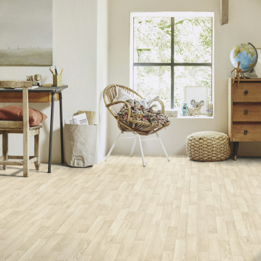 Sol PVC Best - Imitation Parquet Blanchi Petites Lames - Espace détente