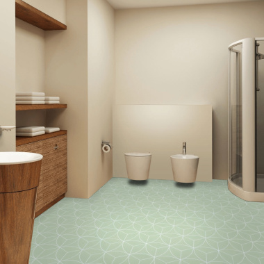 Sol Vinyle Textile économique - Rosace géométrique - Vert d'eau - salle de bain