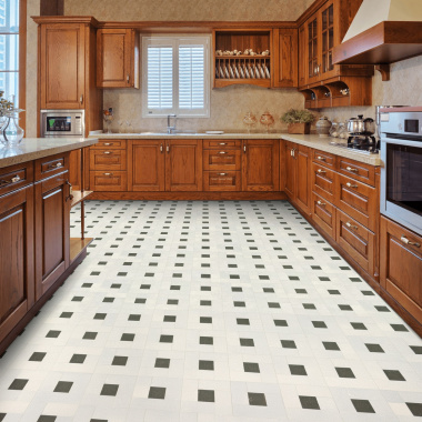 Sol vinyle textile économique dalles de sol avec cabochon noir et gris - cuisine