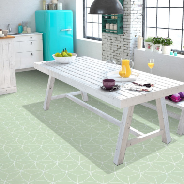 Sol Vinyle Textile économique - Rosace géométrique - Vert d'eau - cuisine ouverte