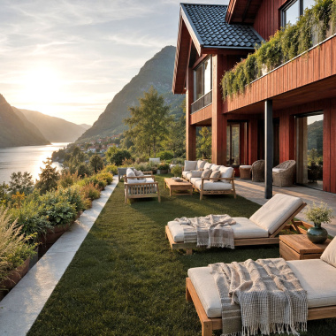 Gazon Fjord - 55mm dans un aménagement extérieur chic et confortable style nordique