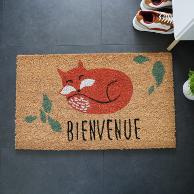 Paillasson Coco 45 x 75 cm Renard en fibres naturelles de coco, motif renard et texte bienvenue, usage intérieur ou extérieur sous abri
