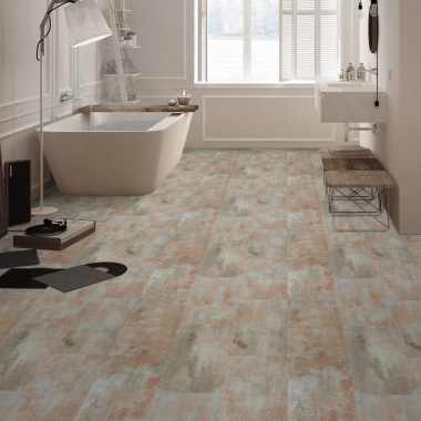 Pose clipsable facile dans la salle de bain avec dalle pour sol PVC Effet métal rouillé marron en 0,55