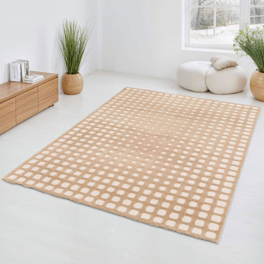 Tapis Art Abstrait caramel dans salon moderne, ambiance douce et chaleureuse