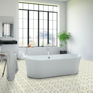 Sol Vinyle effet carreaux de ciment arabesques bleu et ocre - usage salle de bain