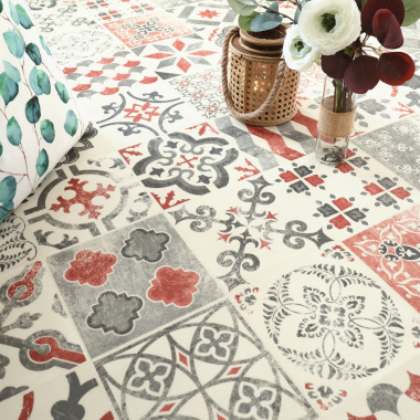 Une vue en perspective du Sol Lino - Carreaux de ciment rouge brique