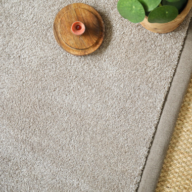 Tapis doux poils longs Touch grège clair ganse marron glacé - vue de haut