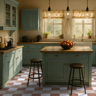 Sol vinyle Maison Vichy terracotta dans une cuisine campagne chic