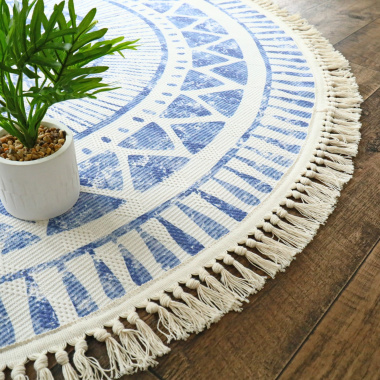 Tapis rond en coton blanc à franges - Aztèque - Motifs bleu - Tranche vue de haut