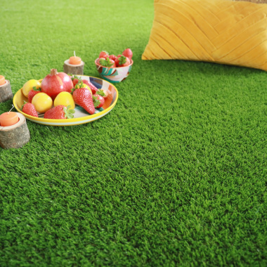 Assiette de fruits et bougies posées sur gazon Vitalité 30 mm, décoration extérieure colorée