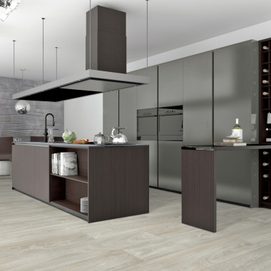 Sol Vinyle Textile Grande largeur - Aspect parquet chêne blanchi - Cuisine