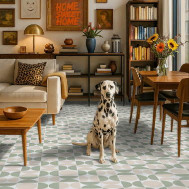 Ambiance chaleureuse avec le sol vinyle Mood à motif vert dans un salon avec chien