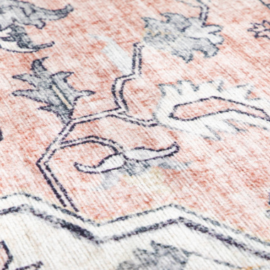 Tapis doux à motif oriental - Yasmine - Bleu nuit et rose - gros plan