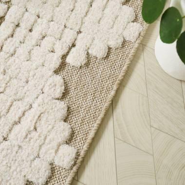 Tapis de salon en matière recyclée Ode à la vie beige et crème - gros plan