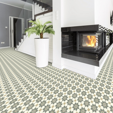 Sol Vinyle Link Plus - Carreaux de ciment motif beige - Surface brillante - pièce à vivre