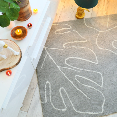 Tapis de salon en velours - Palme - Motif feuille écru et gris clair - Vue de haut
