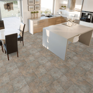 Sol vinyle Inspiration carrelage effet métal rouille - cuisine ouverte