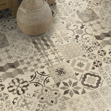 Tapis vinyle sur mesure - Carreaux de ciment - Noir dans un intérieur bohème