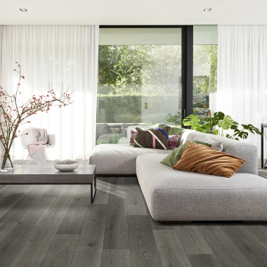 Sol Vinyle Textile Spécial Rénovation - Parquet lames larges - Bois gris anthracite - salon