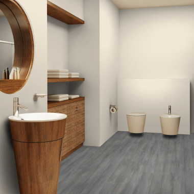 Sol Vinyle Textile Grande largeur - Parquet trait de scie - Chêne gris - salle de bain