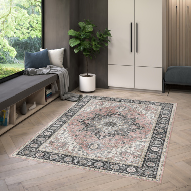 Tapis doux à motif oriental - Yasmine - Bleu nuit et rose - salon